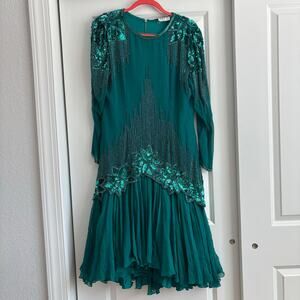 Vintage Black Tie He-Ro Emerald Green Sequined Beaded Silk Dress Evening 8